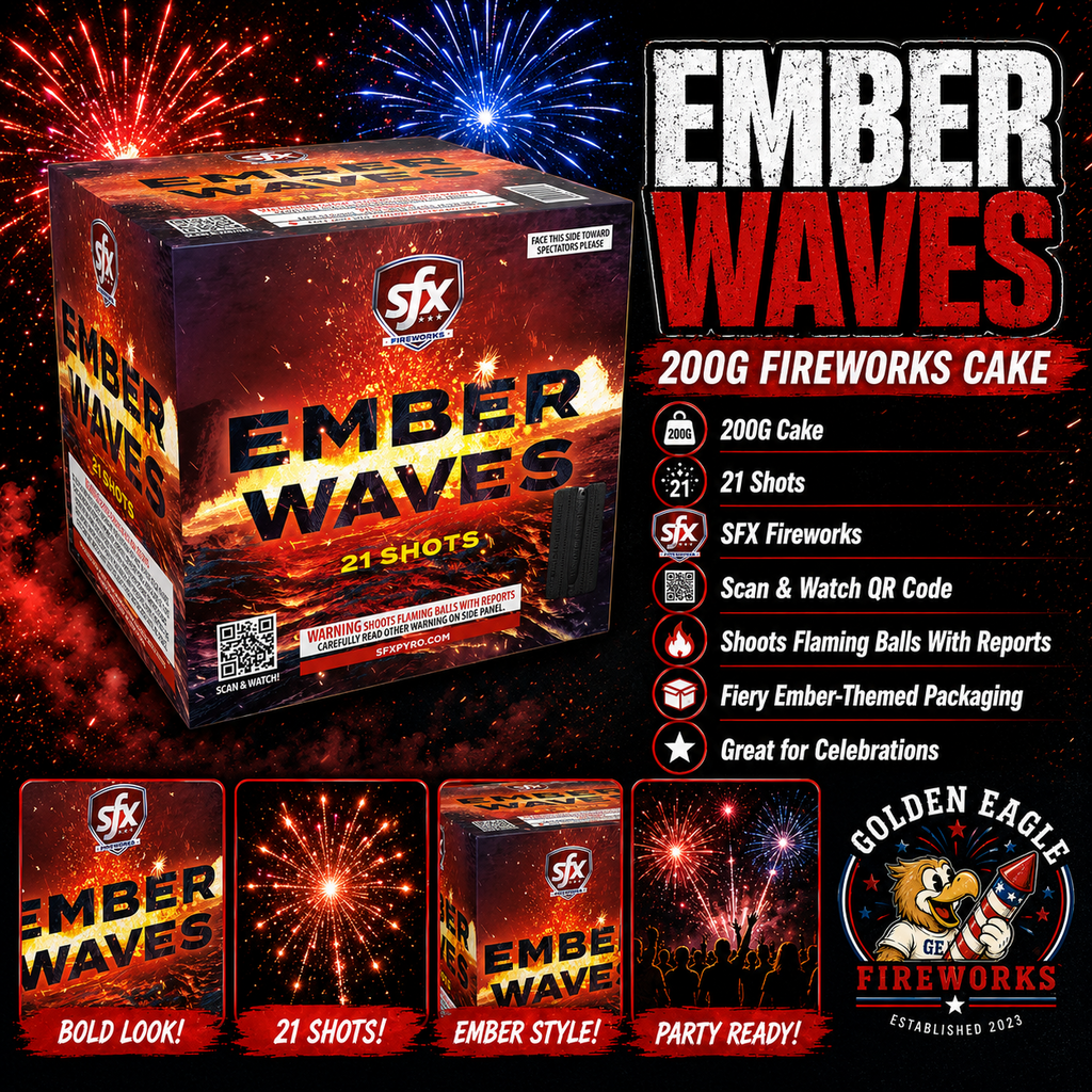 Golden Eagle Fireworks SFX Ember Waves 200g fireworks cake hero — 21 shots, flaming balls with powerful reports, fiery ember themed packaging, scan and watch QR, SFX Fireworks, Houston TX