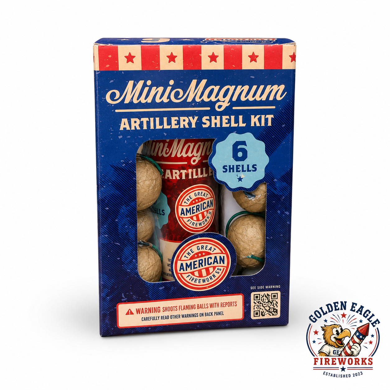 Mini Magnum Artillery Shell Kit featuring 6 reloadable artillery shells with patriotic American-themed packaging available at Golden Eagle Fireworks in Humble Texas.